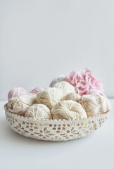 Fototapeta na wymiar Skeins of yarn, knitting needles, accessories for knitting. Handmade, hobby