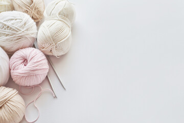 Skeins of yarn, knitting needles, accessories for knitting. Handmade, hobby