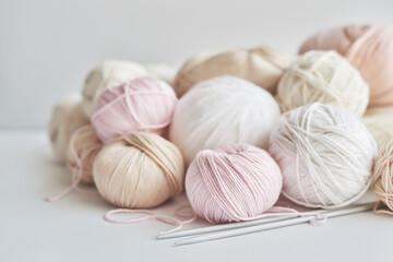 Skeins of yarn, knitting needles, accessories for knitting. Handmade, hobby