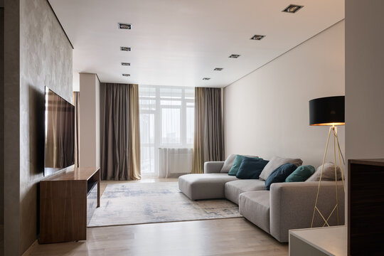 modern living room with gray sofa and big TV