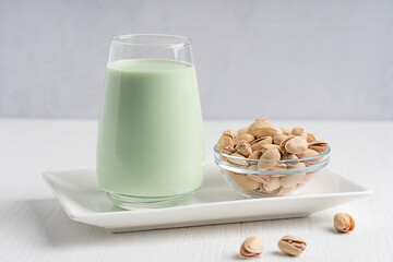 Natural plant based pistachio milk with creamy flavor and green color, lactose free, suitable for...