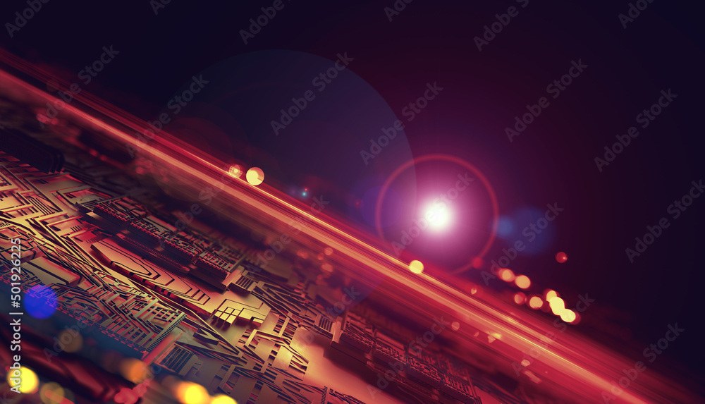 Poster Cyber city and techno future of global information stream. 3d illustration of space computer circuit panel