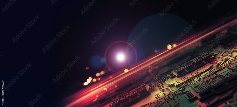 Poster Cyber city and techno future of global information stream. 3d illustration of space computer circuit panel