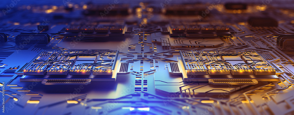 Leinwandbilder Motherboard 3D illustration. Computer circuit cyber concept. Information field and data streams in blockchain code