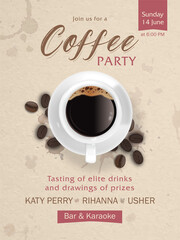 Coffee party invitation with paper background and coffee cup around coffee stain