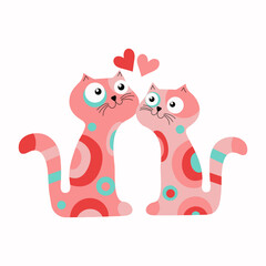 Bright multicolored cartoon cats with hearts, cats in love. Vector illustration with isolated background.