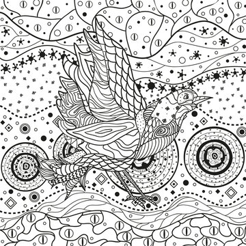 Abstract pattern with bird on isolated white. Zentangle. Hand drawn abstract patterns on isolation background. Design for spiritual relaxation for adults. Black and white illustration