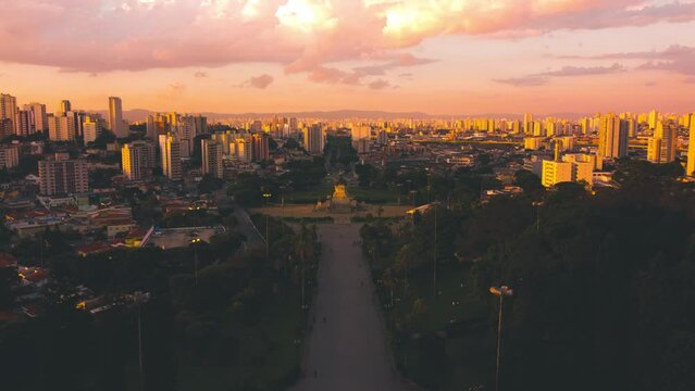 Aerial sunset drone flight over Independence Park in Sao Paulo, Brazil