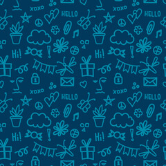 Seamless vector pattern with cute doodles. Background with small illustrations included clouds, plants, hand-lettering, flowers, insects, etc. Texture for wallpaper, wrapping paper, websites.