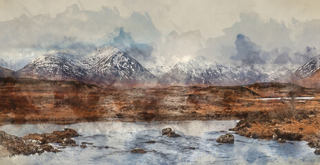 Digital watercolour painting of Majestic Winter panorama landscape image of mountain range and peaks viewed from Loch Ba in Scottish Highlands