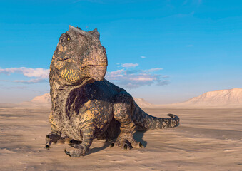 giganotosaurus is resting down on sunset desert with copy space © DM7