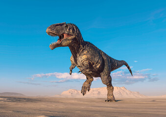 giganotosaurus is running on sunset desert side view