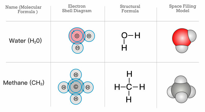 H2O, CH2. Structural chemical formula model. Water, methane anatomy. Electron shell diagram, space filling model, molecular drawing symbols. Elements, atom molecule arrangement. Illustration vector