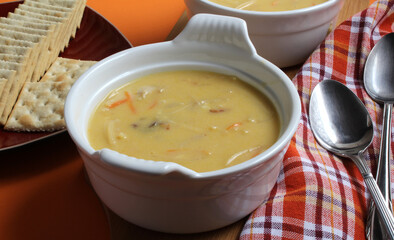 Turkey and Bacon Spaghetti Soup closeup