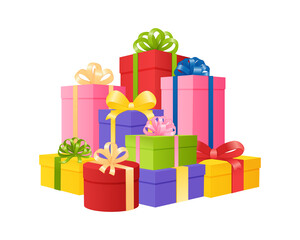 Gift boxes pile. Design holiday color paper cube concept. Vector happy surprise flat banner