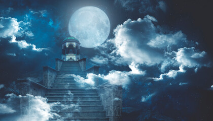 
Fantasy landscape with clouds and oriental architecture. Moonlight, sunset, mountains. Night...