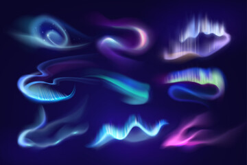 Realistic sky lights. Northern night glow. Vector polar radiation antarctic texture