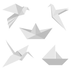 Set of figures made of white paper: a boat, a crane, a boat with a sail, a dove. Origami. Vector image in flat style.