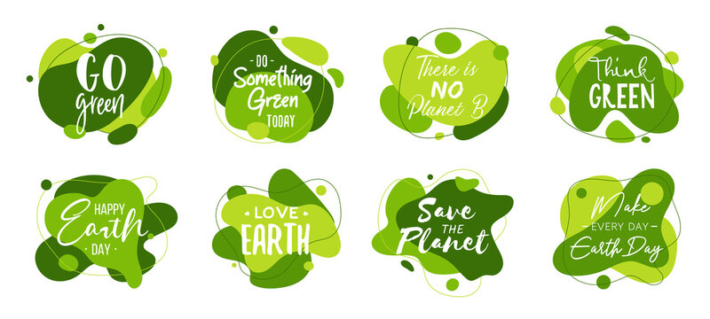 Set of 8 Earth Day abstract graphic liquid organic elements. Dynamical waves, fluid shapes. Isolated green banners with flowing lines. Template for the design of a logo, flyer or presentation.