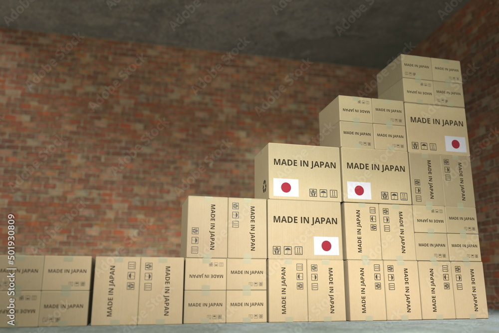 Poster cartons with made in japan text compose a rising chart, business success related conceptual 3d rende