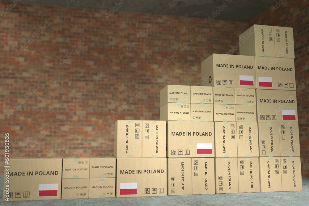 Aufkleber cartons with made in poland text compose a rising chart, business success related conceptual 3d rend