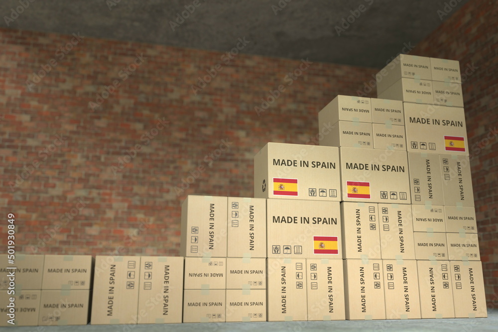 Aufkleber many cardboard boxes with made in spain text compose a rising chart. business growth conceptual 3d r