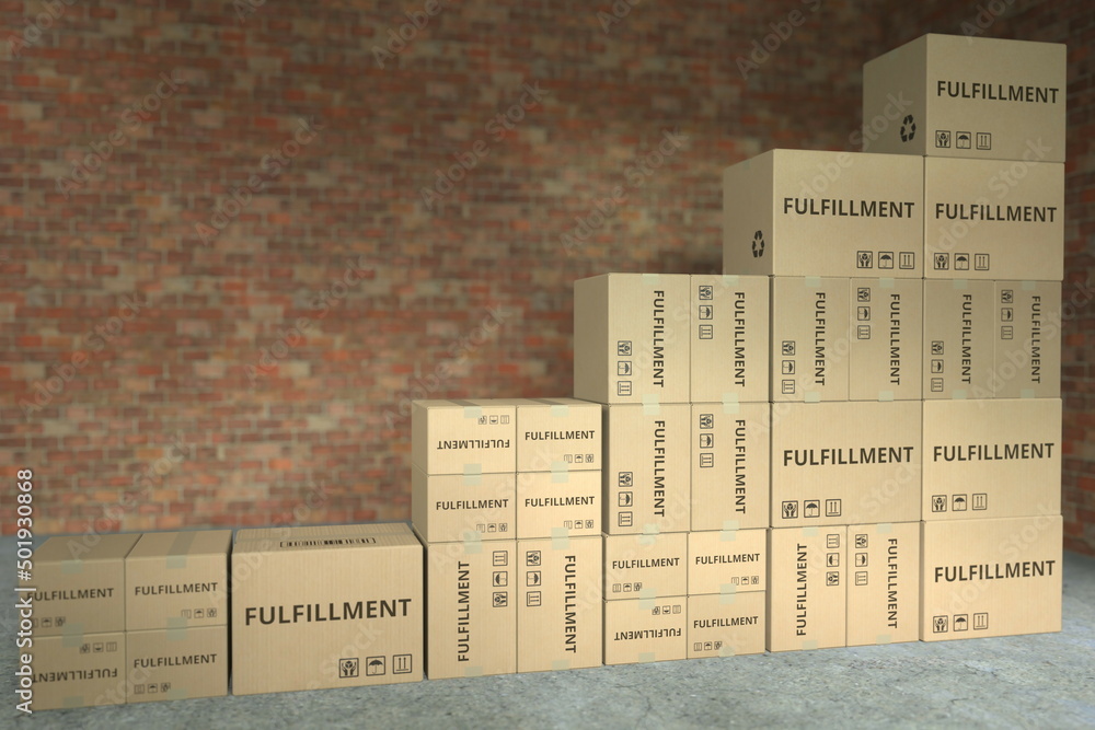 Aufkleber stacks of boxes with fulfillment text make up a rising chart, business success related conceptual 3d