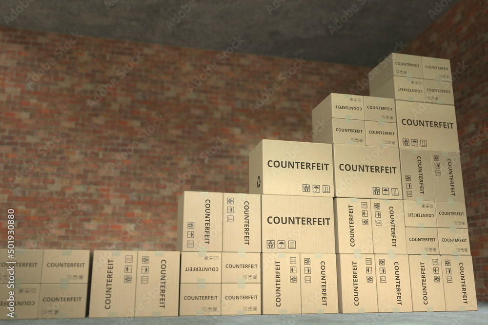 Aufkleber stacks of boxes with counterfeit text make up a rising chart, business success related conceptual 3d