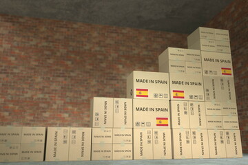 Many cardboard boxes with MADE IN SPAIN text compose a rising chart. Business growth conceptual 3D rendering