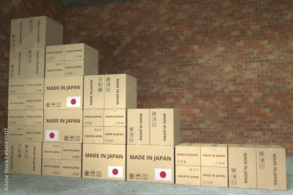 Fototapete declining bar chart made with boxes with made in japan text. conceptual 3d rendering