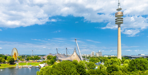 Munich skyline, Germany, Europe. Panorama of green Olympic Park in summer - obrazy, fototapety, plakaty