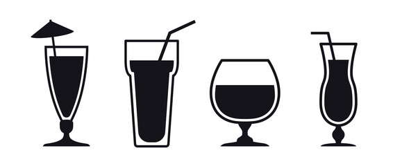 Cocktails and longdrinks beverage glasses icons - obrazy, fototapety, plakaty