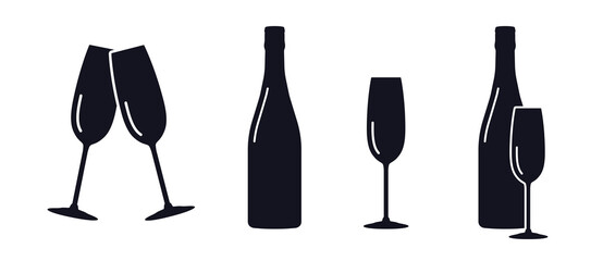 Sparkling wine or champagne glasses and bottle icons