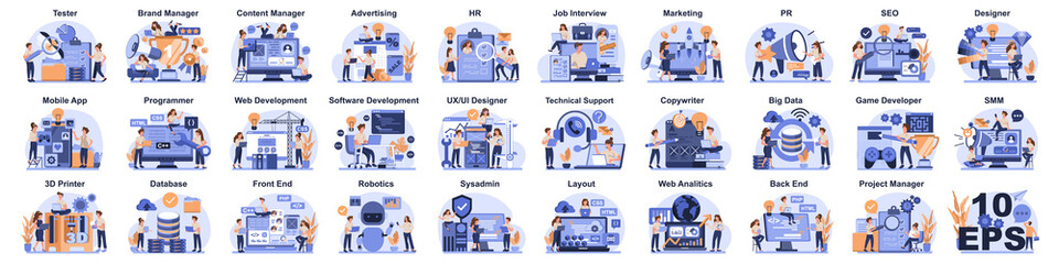 Big IT profession collection. Programmer write software and create code for computer. Coding script for project and app. Digital technology for website, interface and devices. Vector illustration.
