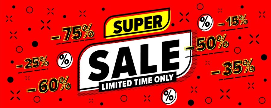 Super sale header banner. Limited time only discount with 15, 25, 35, 50, 60, 75 percent off vector illustration