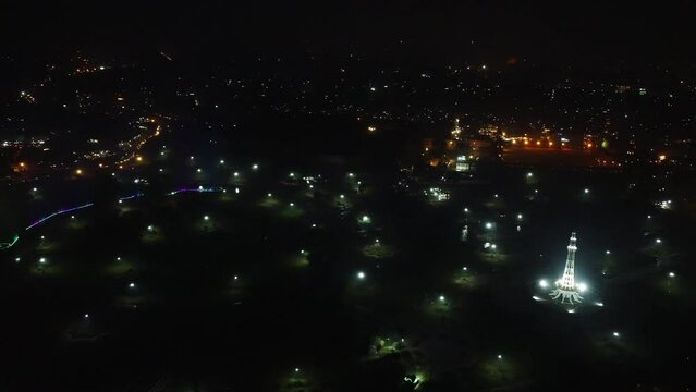 Beautiful Night Aerial View of Minar e Pakistan Azadi Chowk Minto Park Lahore Pakistan, drone footage