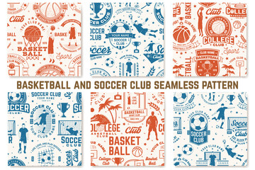 Basketball and Soccer, football club seamless pattern. Vector. For football club background with basketball, soccer, football player, goalkeeper and gate silhouettes. Concept for soccer sport pattern