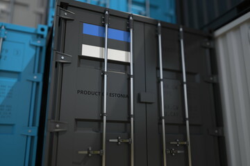 Shipping container with goods from Estonia and printed national flag. Production related 3D rendering