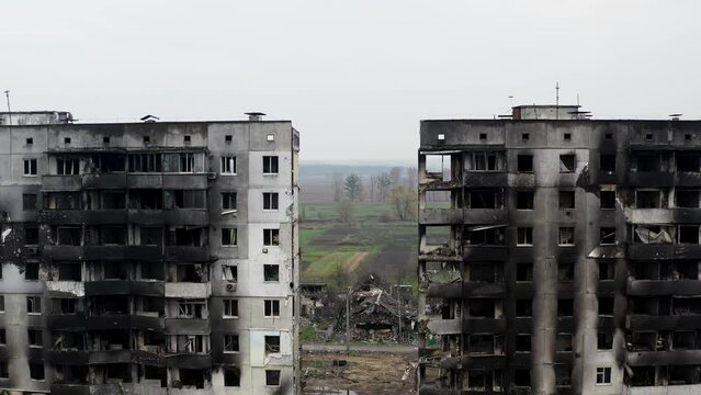 Residential soviet building razed to the ground by heavy airbombs fab500 dropped by Russian bomber plane in Borodianka, Ukraine during Russian agression against Ukraine. Avidance of Russian war crimes