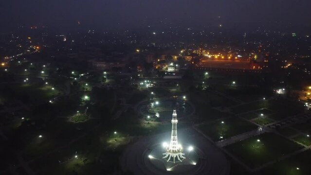 Beautiful Night Aerial View of Minar e Pakistan Azadi Chowk Minto Park Lahore Pakistan, drone footage