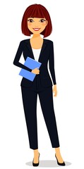 A young, attractive woman in a pantsuit stands on a white background. Hand gestures. Flat style. Cartoon.
