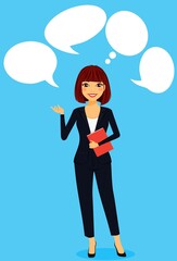 Girl businessman with speech bubbles, holding a folder and making a hand gesture. Flat style on a blue background. Cartoon