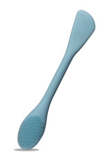 Blue silicone brush for cleansing and scrubbing the face from cosmetics. Brush for applying face mask. Turquoise color closeup. Isolated on white background with shadows