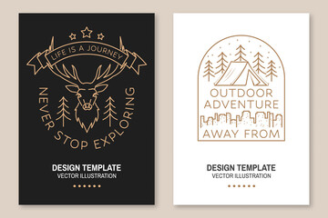 Set of camping template. Vector. Line art flyer, brochure, banner, poster design with elk, camping tent, forest landscape.