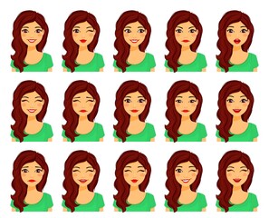 Attractive young woman with different facial expressions. Set of emotions. Flat style on a white background. Cartoon.