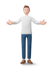 Isolated 3D cartoon man standing and holding something on both hands,3D Rendering.
