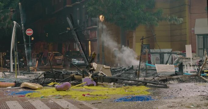 Smoke after burning statues and decorations at Las Fallas