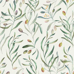 Seamless pattern with olive branches, olives and leaves on pastel green background. Hand drawn watercolor botanical print for fabrics, wallpaper, scrapbooking, postcards.