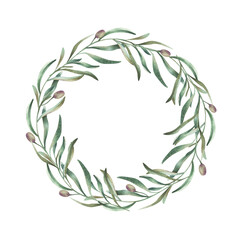 Hand painted watercolor wreath of olive branches and olives on white background. Composition for your design of wedding invitations, greeting cards, postcards.