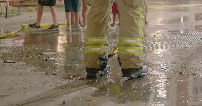 Firefighters put things and equipment after celebration of Las Fallas 